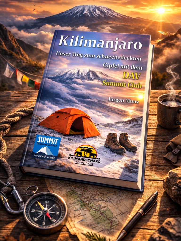 Buchcover: Kilimanjaro. Unser Weg zum schneebedeckten Gipfel mit dem DAV Summit-Club, von Jürgen Munz. Ein orangefarbenes Zelt im Schnee vor dem Berg.