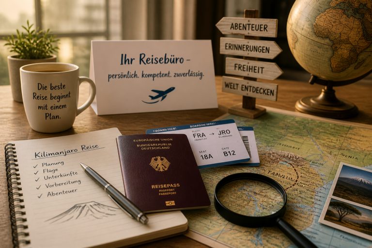 Illustration zum Reisebüro Massimo-Reisen: Reisenotizbuch, Pass und Landkarte