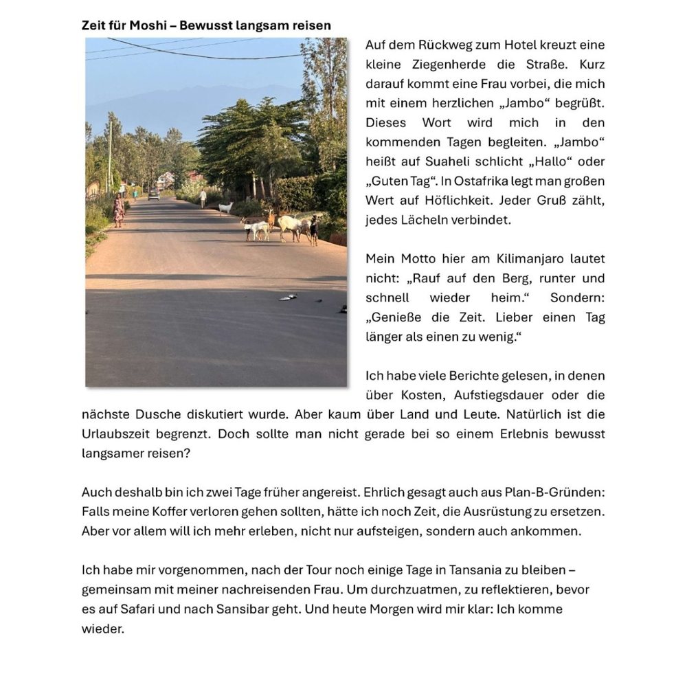Buchseite: Zeit für Moshi, bewusst langsam reisen. Text mit Foto einer Straße.