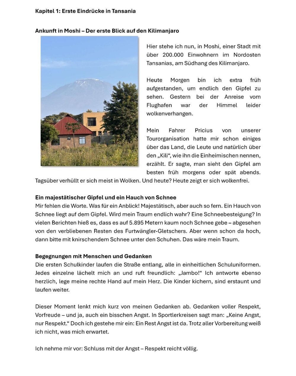 Buchseite aus Kapitel 1: Erste Eindrücke in Tansania. Ankunft in Moshi und der erste Blick auf den Kilimandscharo.