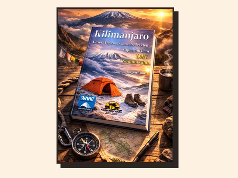 Buch Kilimanjaro mit Zelt, Kompass und Karte